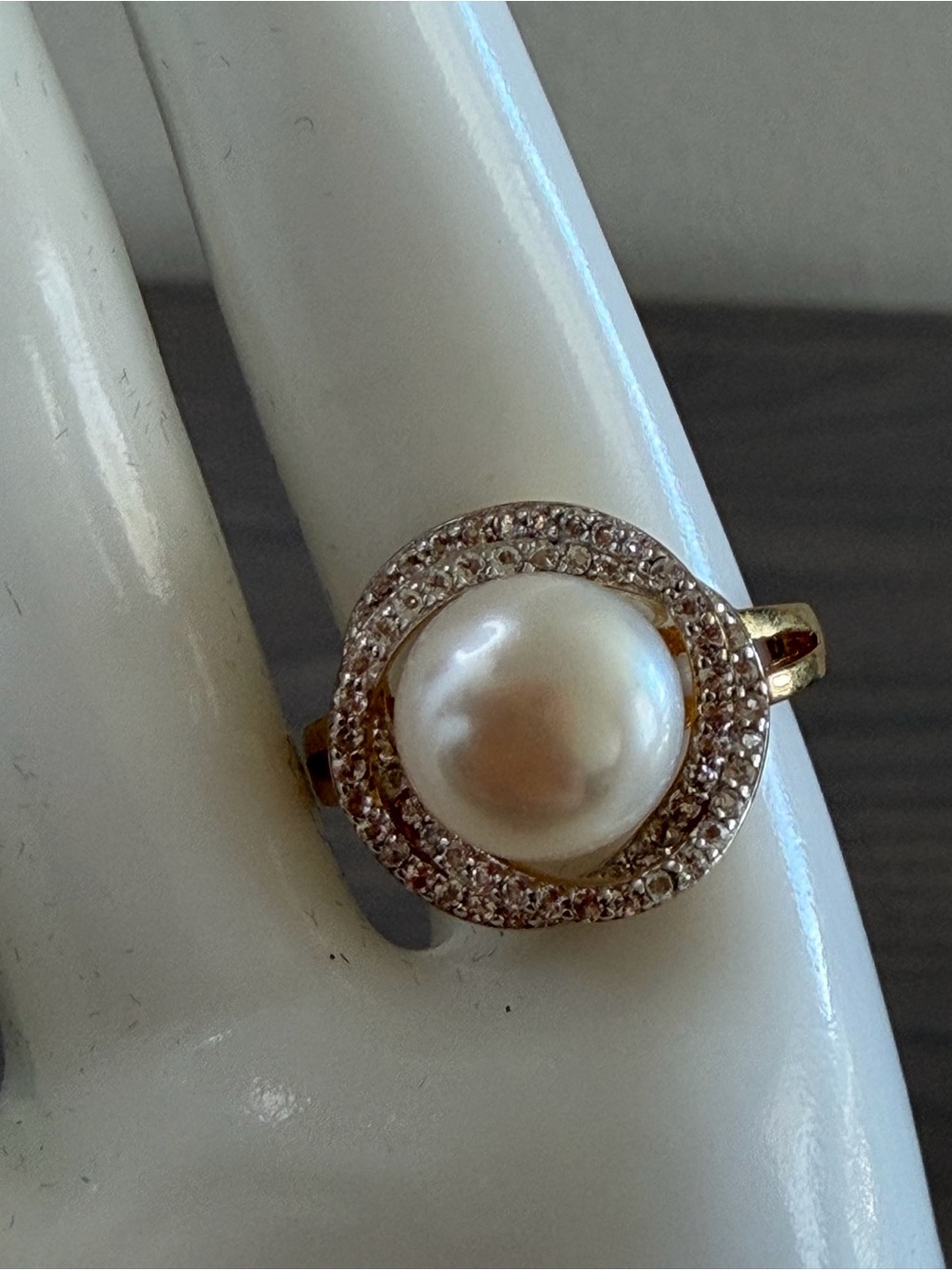 Honora Gold Toned Pearl Halo Ring with White Topaz Accents - Size 9